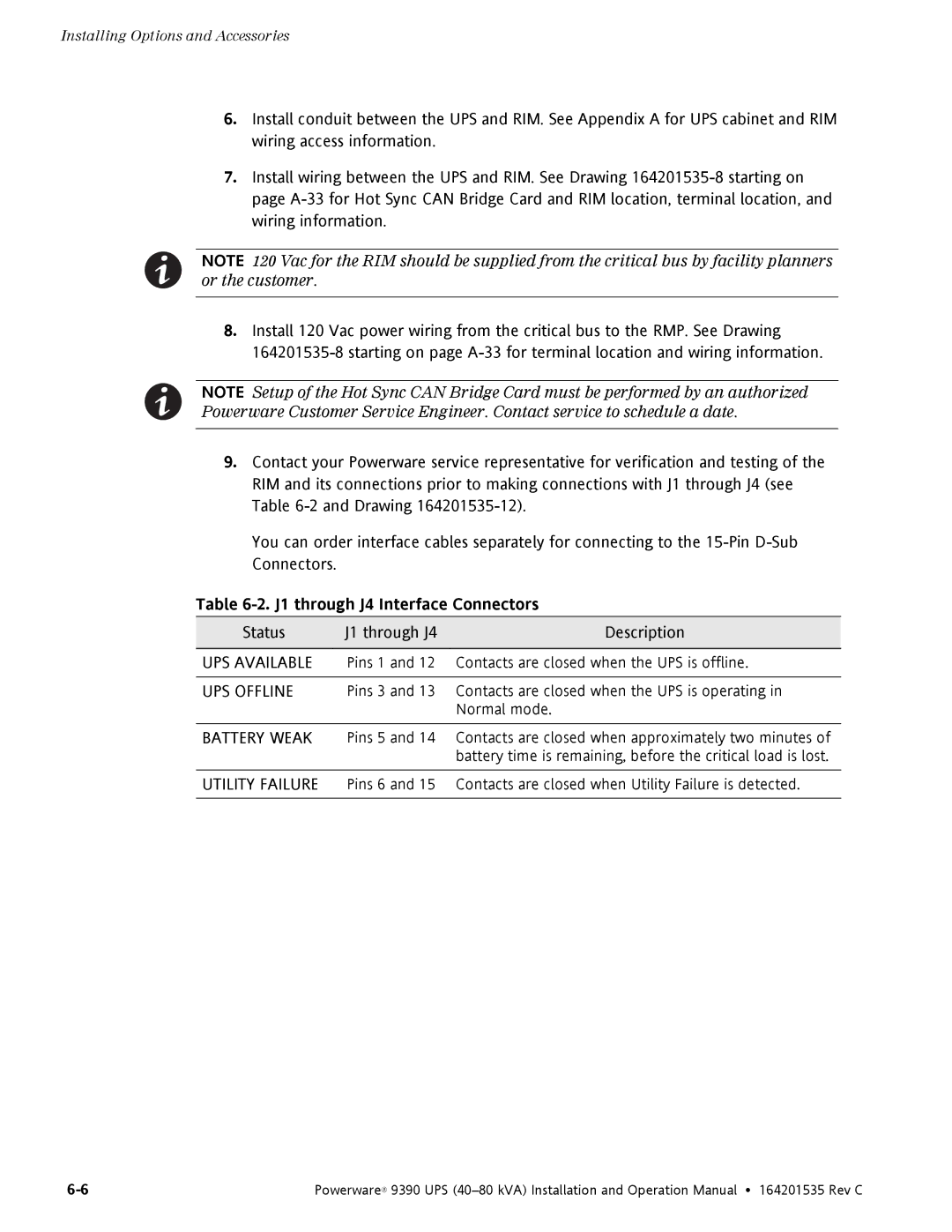 Powerware 9390 operation manual J1 through J4 Interface Connectors 