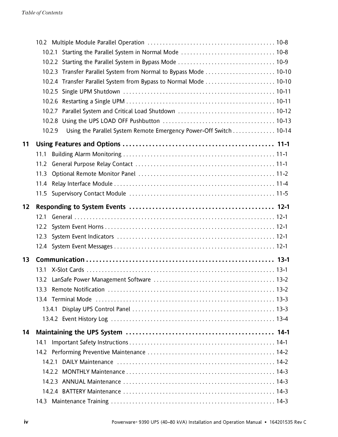 Powerware 9390 operation manual Responding to System Events 