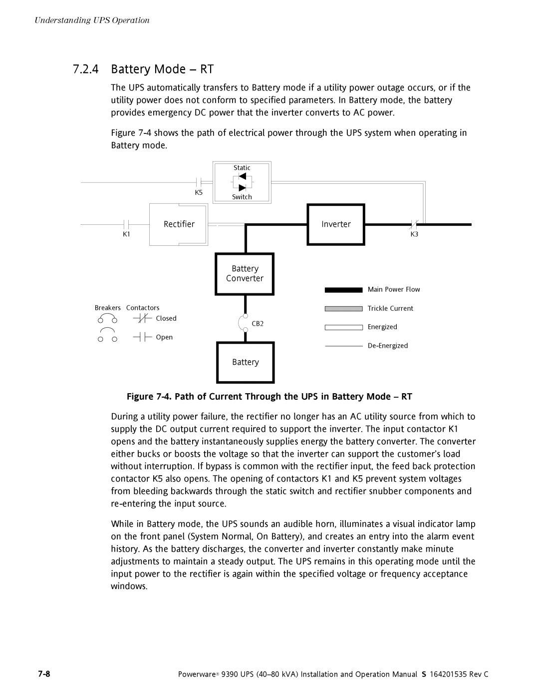 Powerware 9390 operation manual Path of Current Through the UPS in Battery Mode RT 