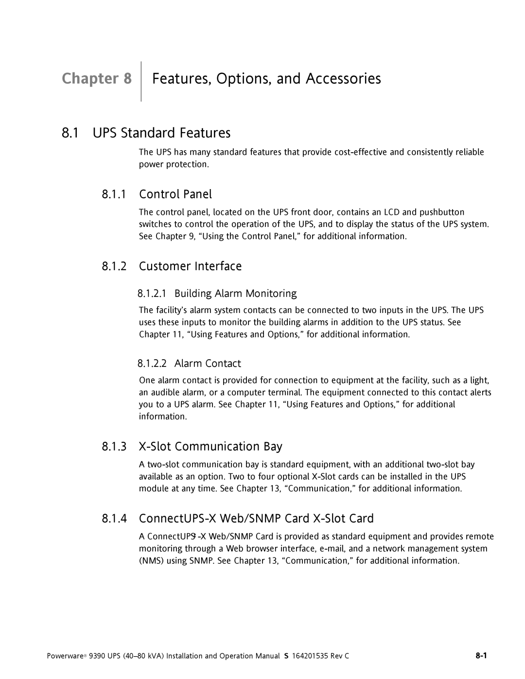 Powerware 9390 operation manual Features, Options, and Accessories, UPS Standard Features 