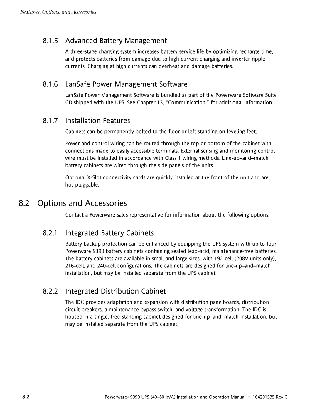 Powerware 9390 operation manual Options and Accessories 