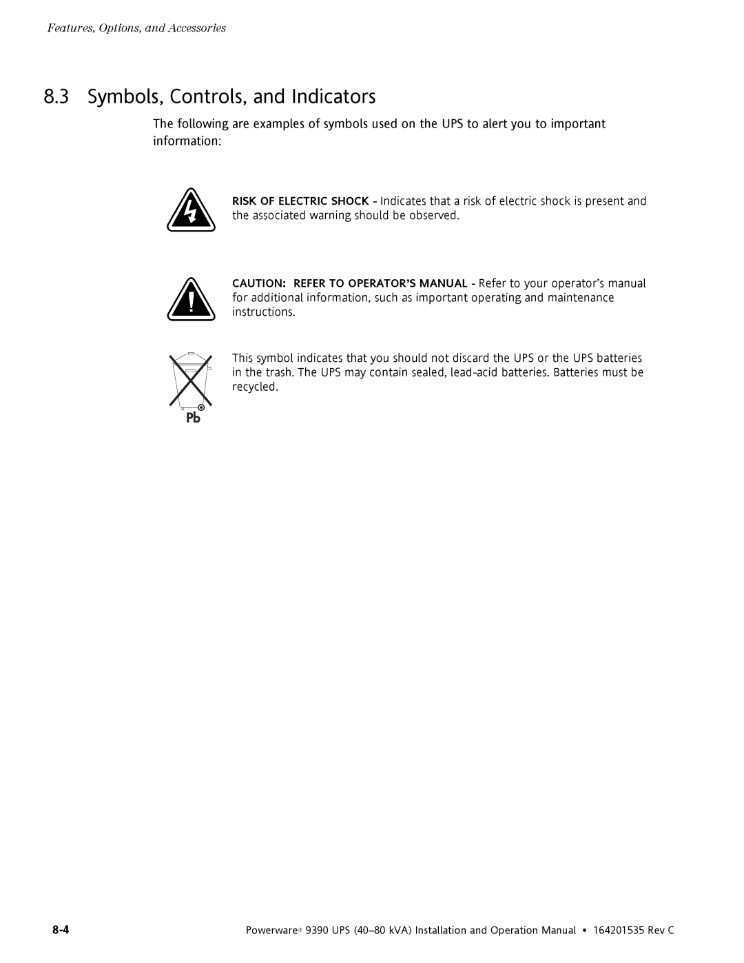 Powerware 9390 operation manual Symbols, Controls, and Indicators 