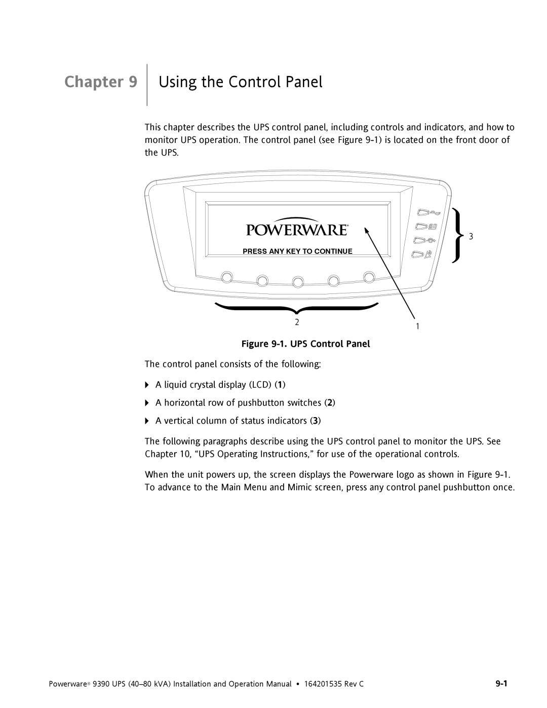 Powerware 9390 operation manual Using the Control Panel, UPS Control Panel 