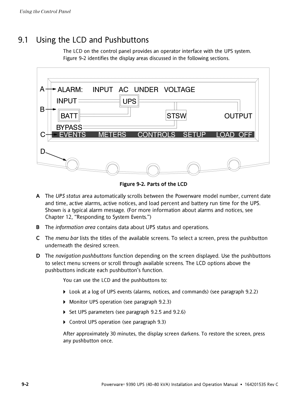 Powerware 9390 operation manual Using the LCD and Pushbuttons, Events Meters Controls Setup Load OFF D 