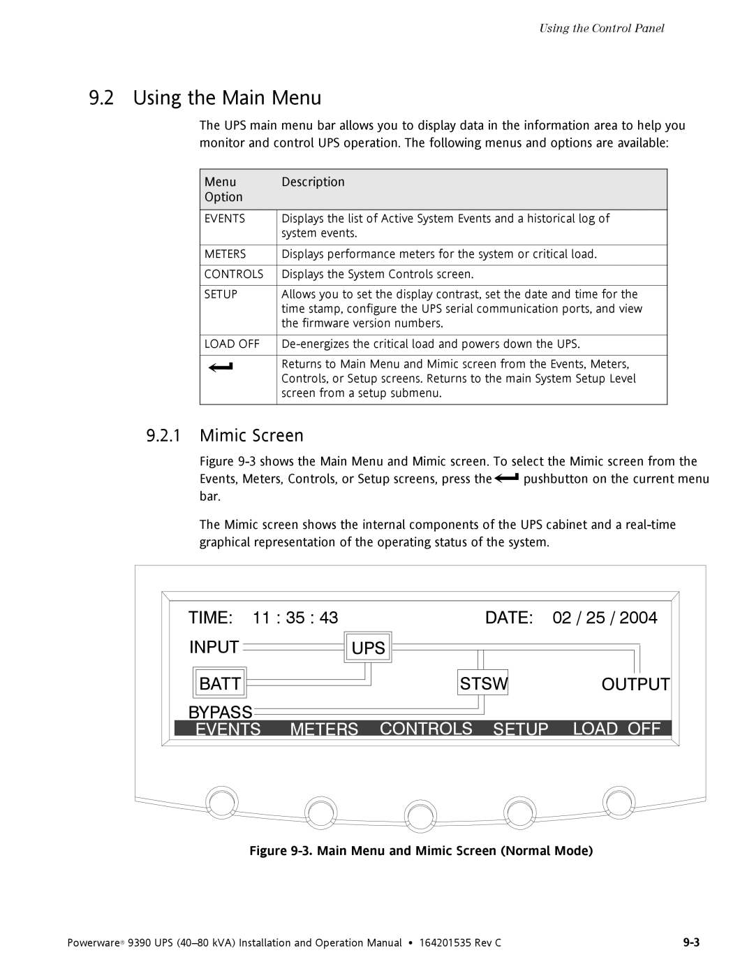 Powerware 9390 operation manual Using the Main Menu, Mimic Screen, Time 11 35 