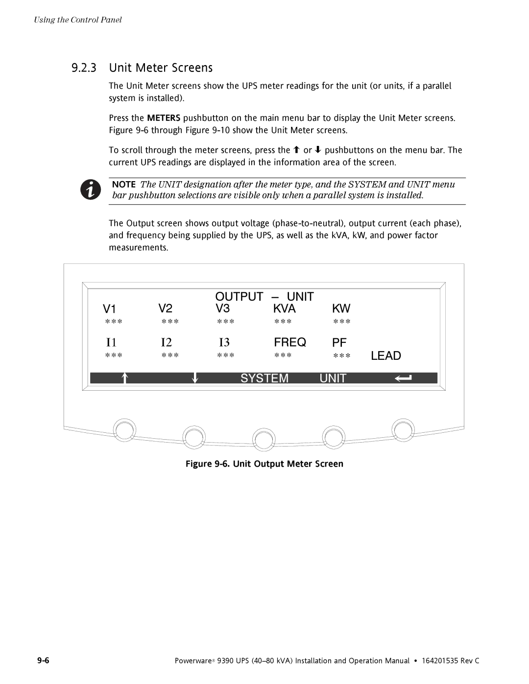 Powerware 9390 operation manual Unit Meter Screens 