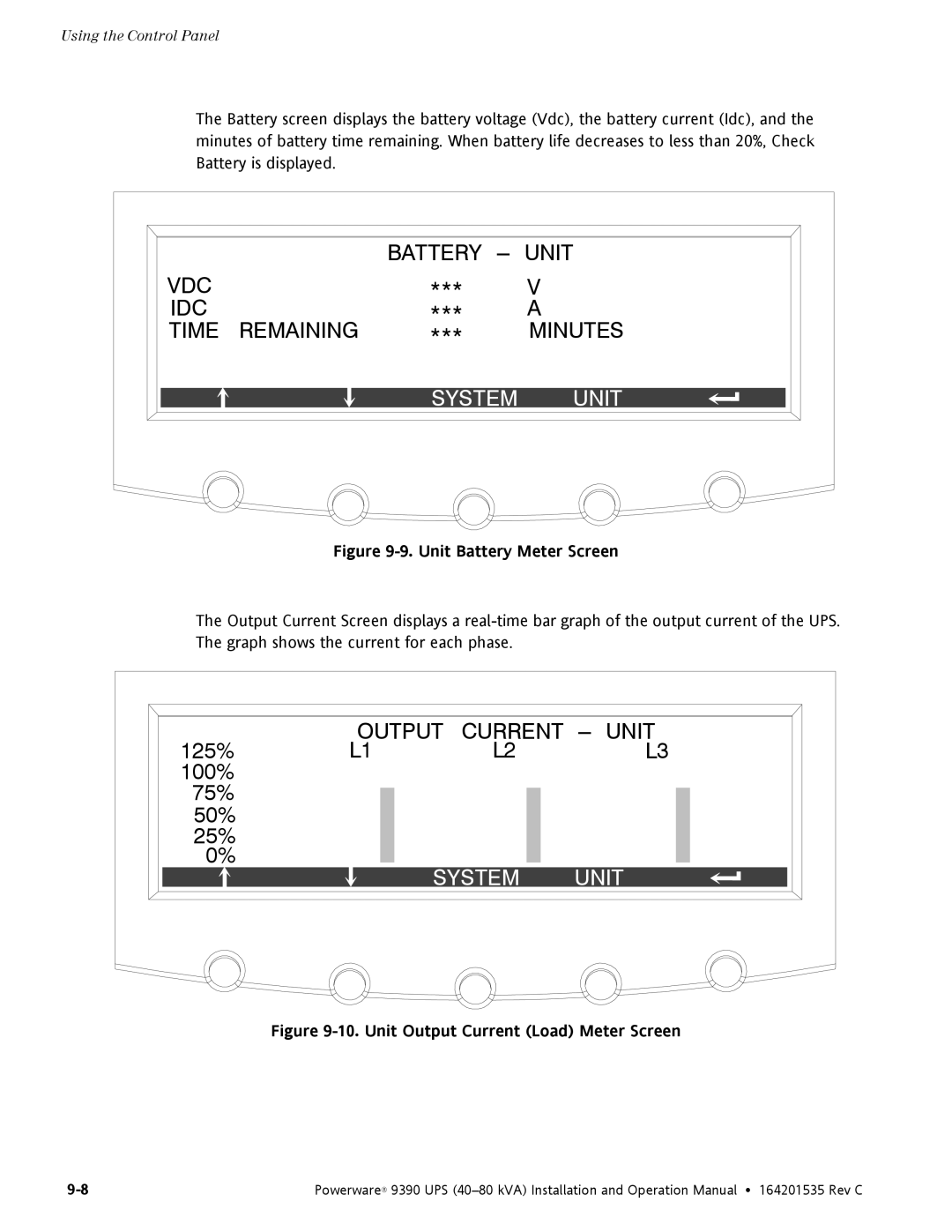 Powerware 9390 operation manual 125% L1 L2L3 100% 75% 50%, Unit Battery Meter Screen 