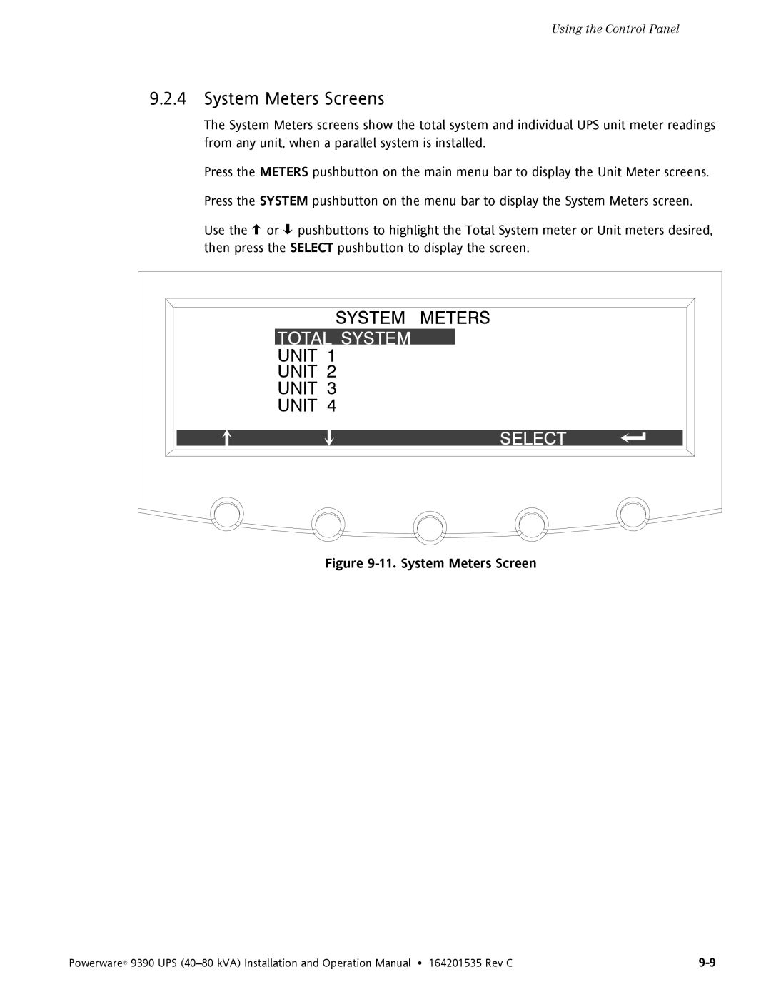 Powerware 9390 operation manual System Meters Screens, Select 