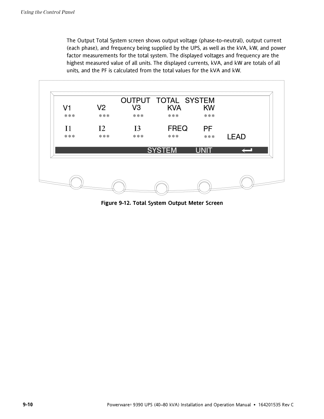 Powerware 9390 operation manual Output Total System KVA Freq 