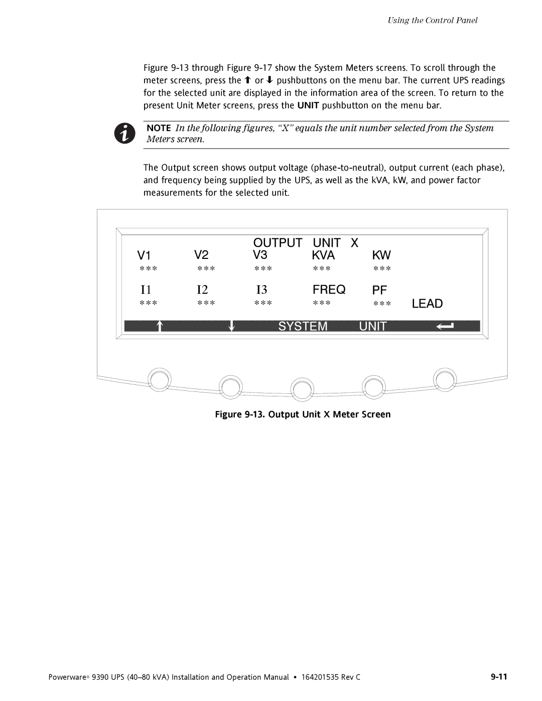 Powerware 9390 operation manual Output Unit KVA Freq 