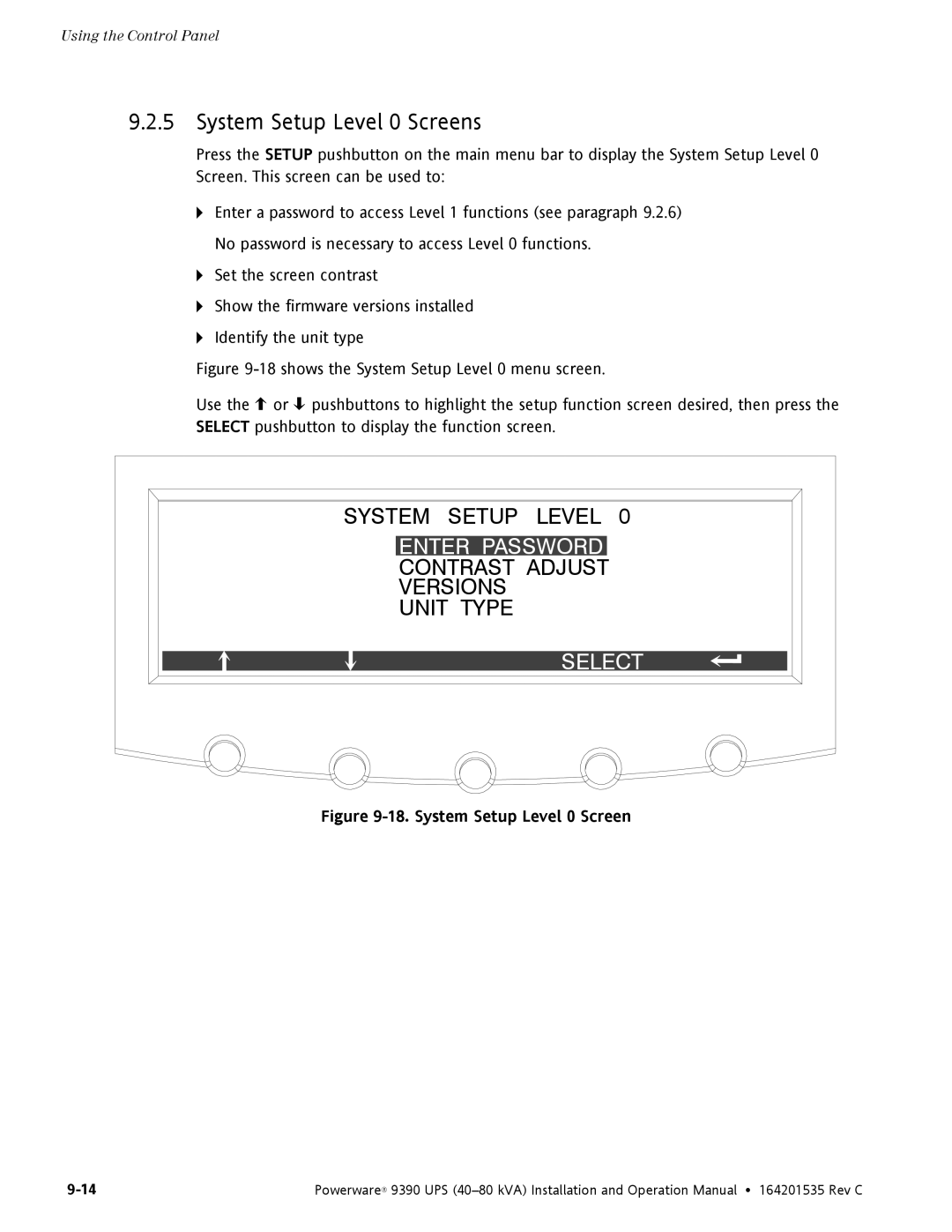 Powerware 9390 operation manual System Setup Level 0 Screens 