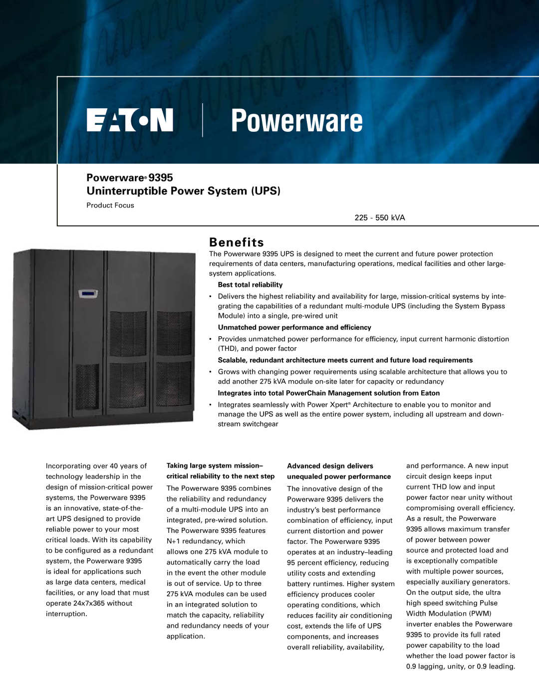 Powerware 9395 manual Best total reliability, Unmatched power performance and efficiency 