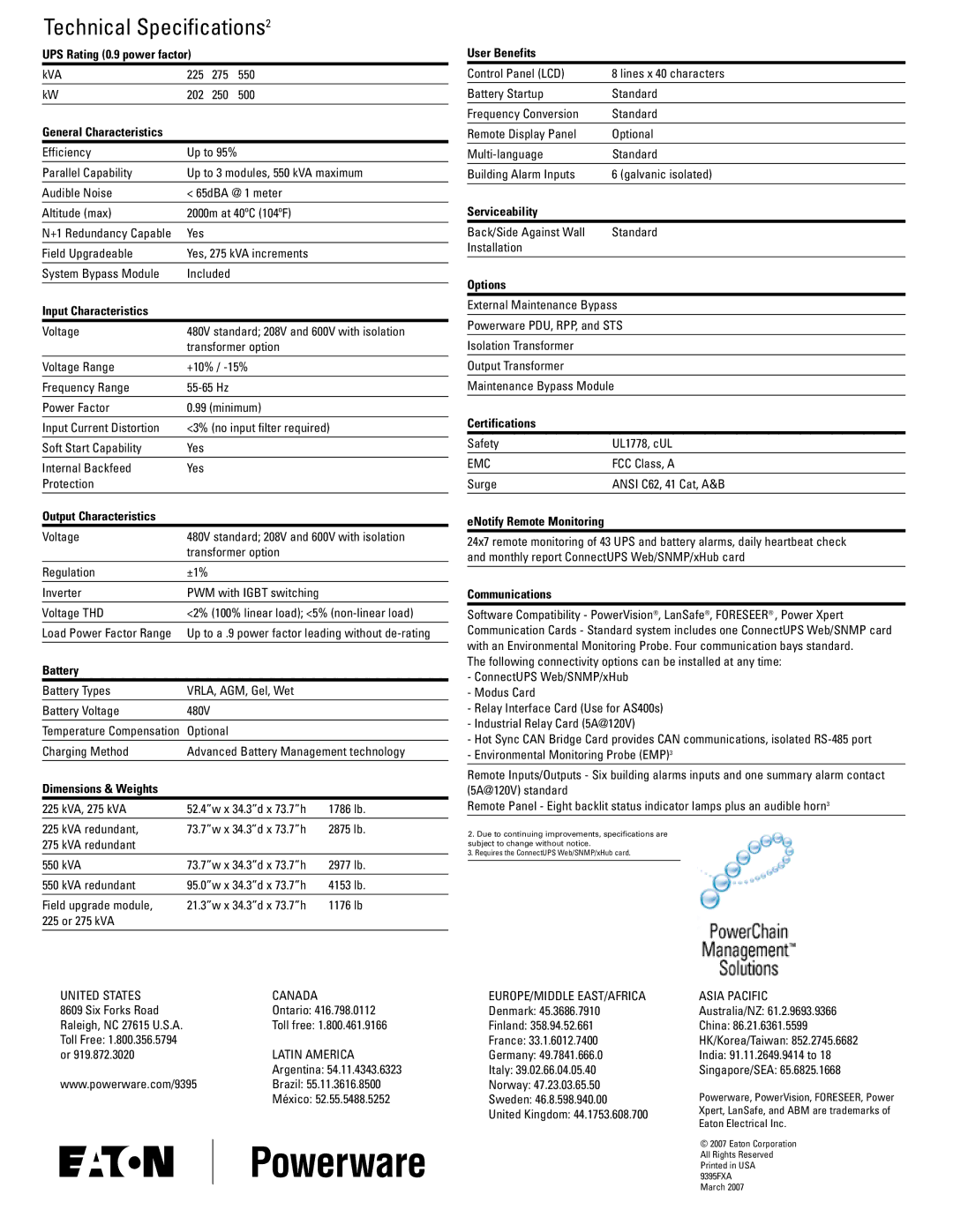 Powerware 9395 manual UPS Rating 0.9 power factor, Input Characteristics, Battery, User Benefits, Serviceability, Options 