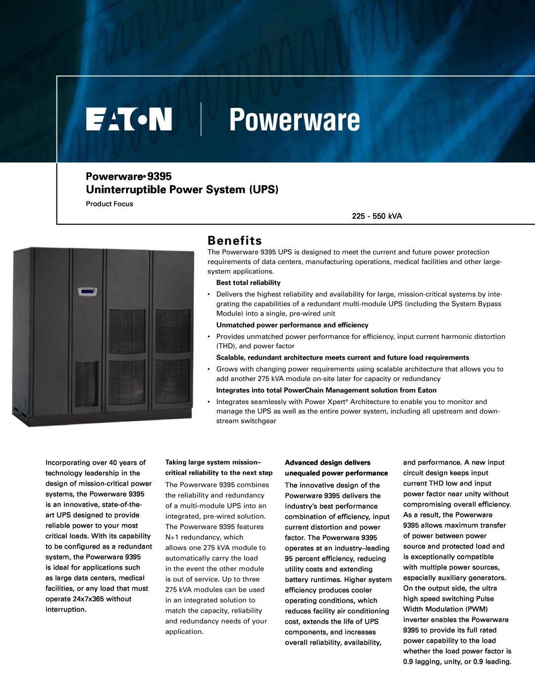 Powerware 9395 manual Best total reliability, Unmatched power performance and efficiency, Benefits, Powerware 