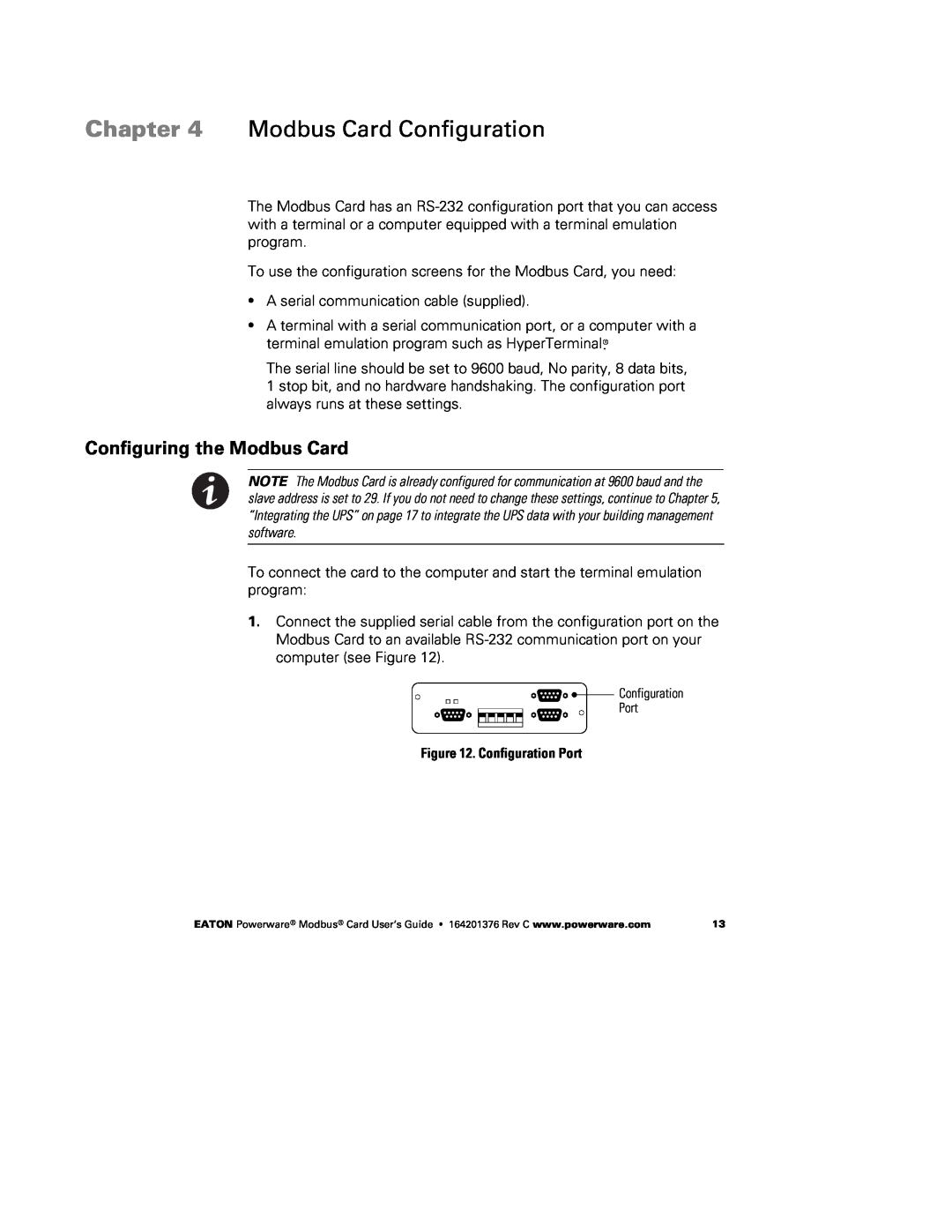 Powerware FCC 15 manual Modbus Card Configuration, Configuring the Modbus Card 