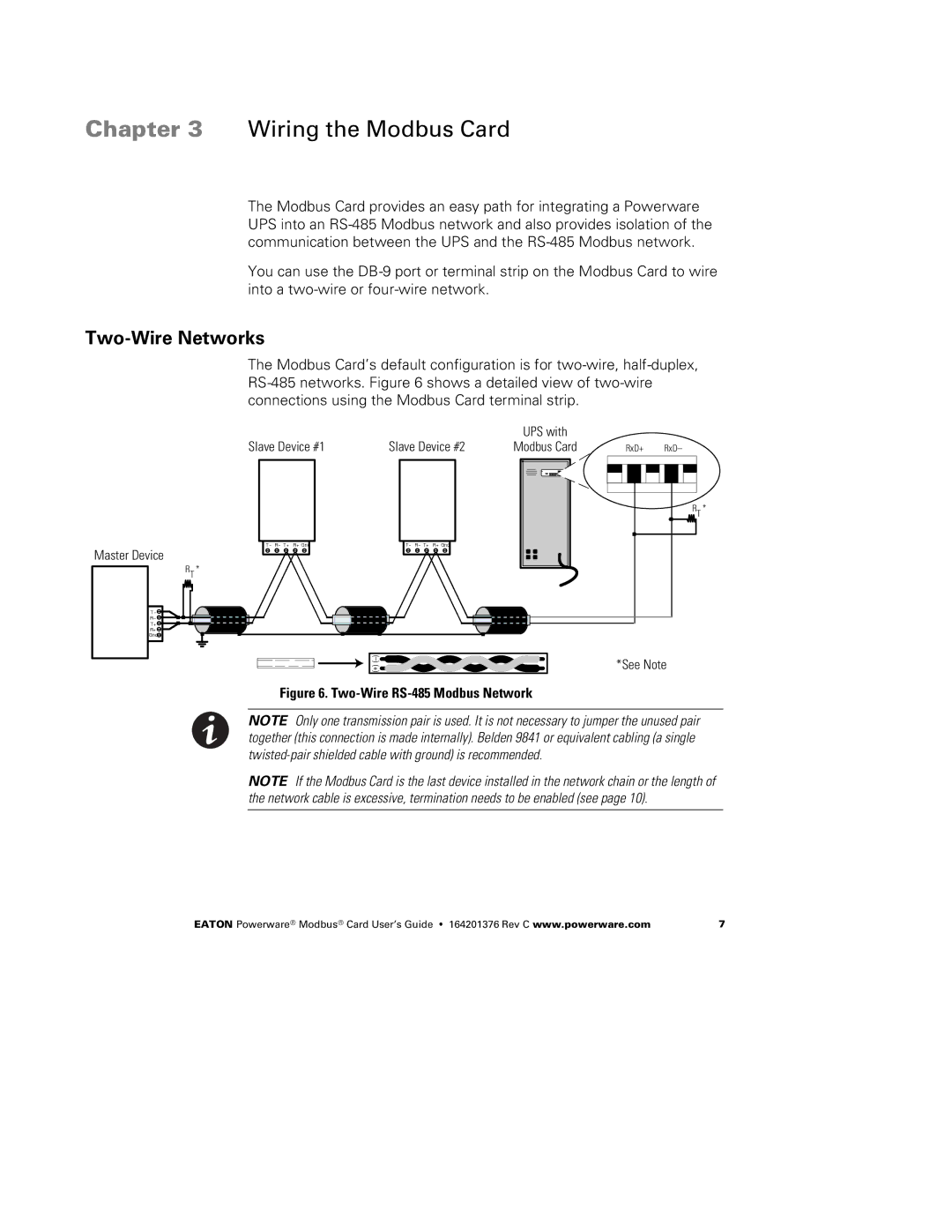 Powerware FCC 15 manual Wiring the Modbus Card, Two-Wire Networks 