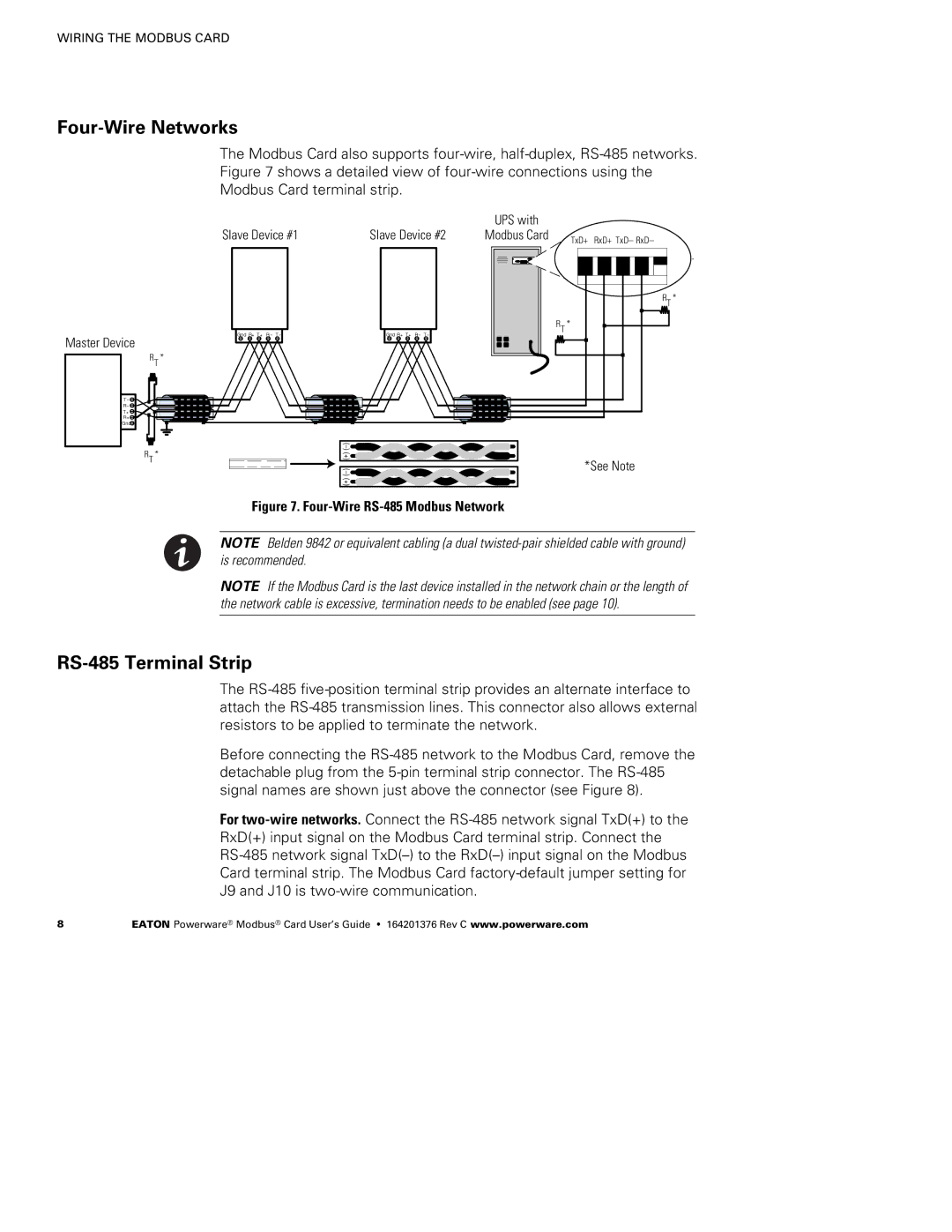 Powerware FCC 15 manual Four-Wire Networks, RS-485 Terminal Strip 