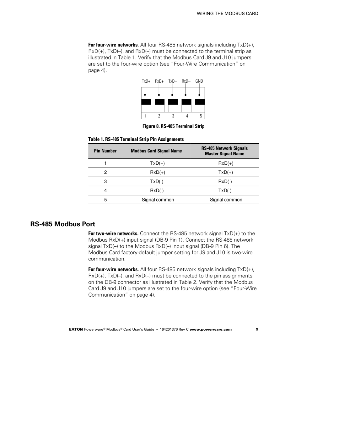 Powerware FCC 15 manual RS-485 Modbus Port, RS-485 Terminal Strip RS-485 Terminal Strip Pin Assignments 