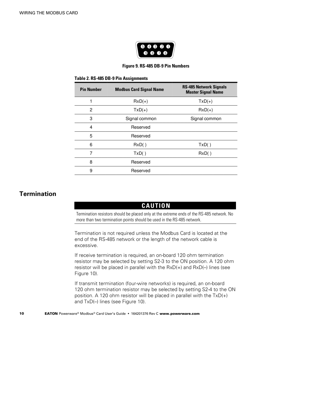 Powerware FCC 15 manual Termination, RS-485 DB-9 Pin Numbers 