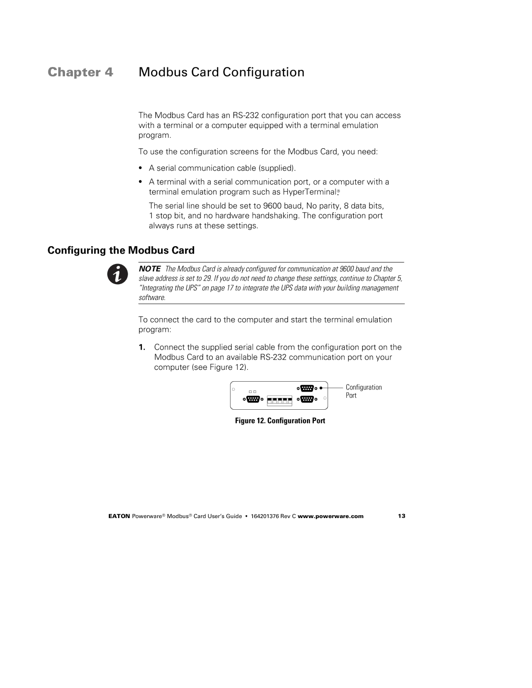 Powerware FCC 15 manual Modbus Card Configuration, Configuring the Modbus Card 