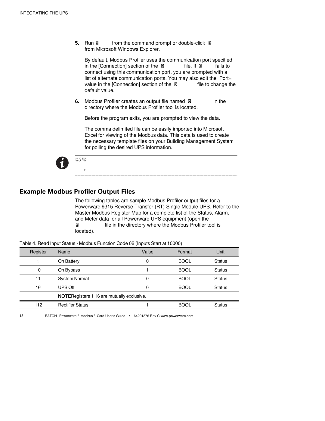 Powerware FCC 15 manual Example Modbus Profiler Output Files, Read Input Status Modbus Function Code 02 Inputs Start at 