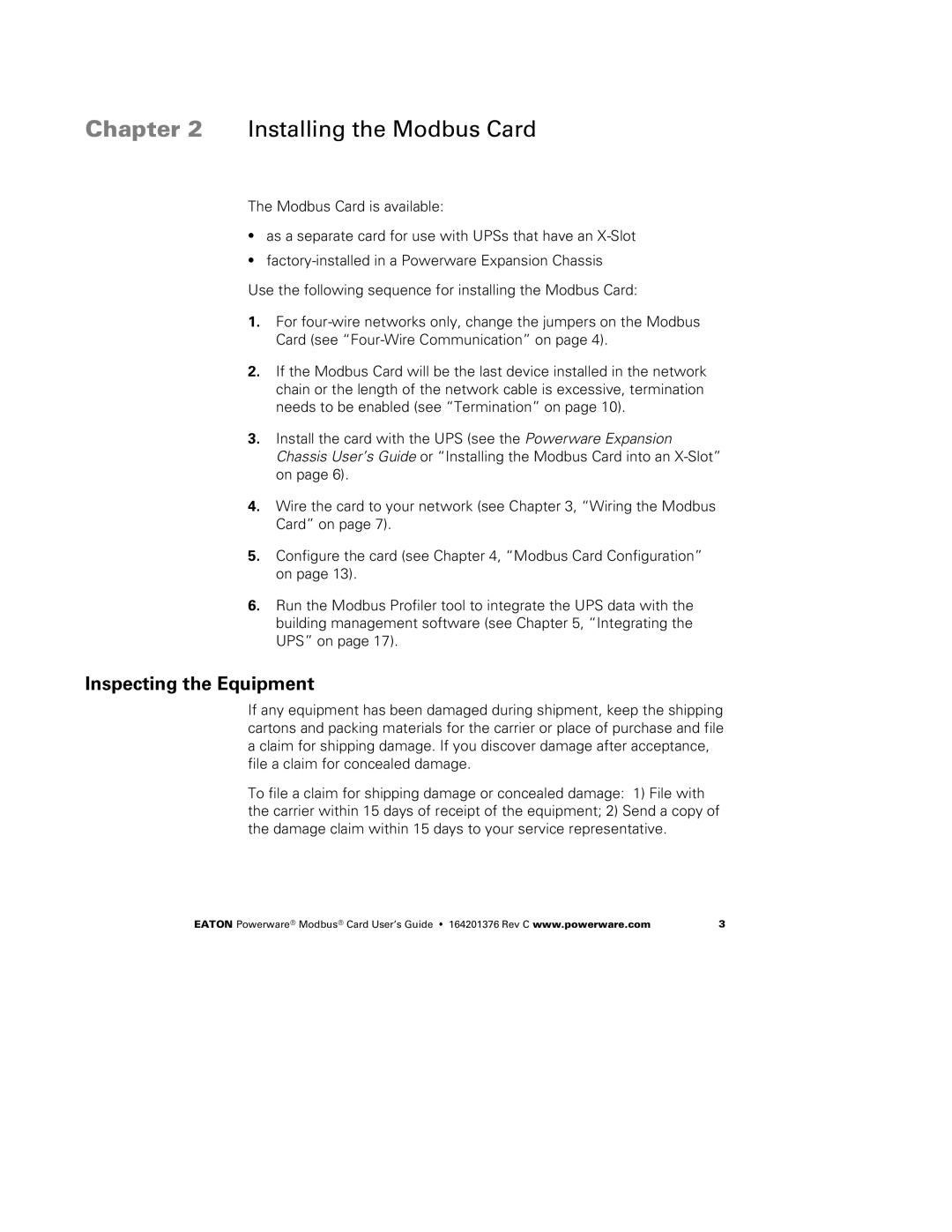 Powerware FCC 15 manual Installing the Modbus Card, Inspecting the Equipment 