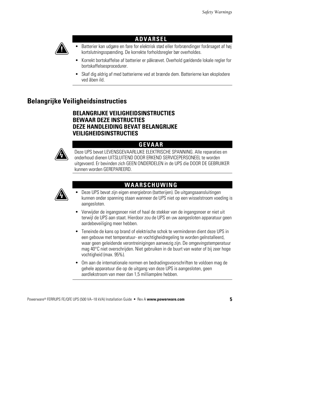 Powerware FE/QFE 500VA manual Belangrijke Veiligheidsinstructies, V a R S E L, V a a R, A R S C H U W I N G 