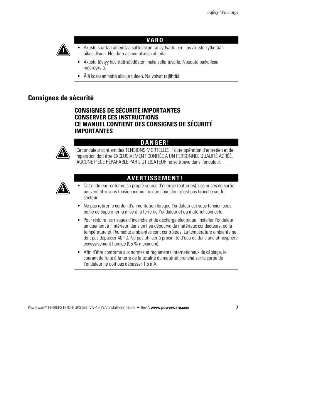 Powerware FE/QFE 500VA manual Consignes de sécurité, R O 