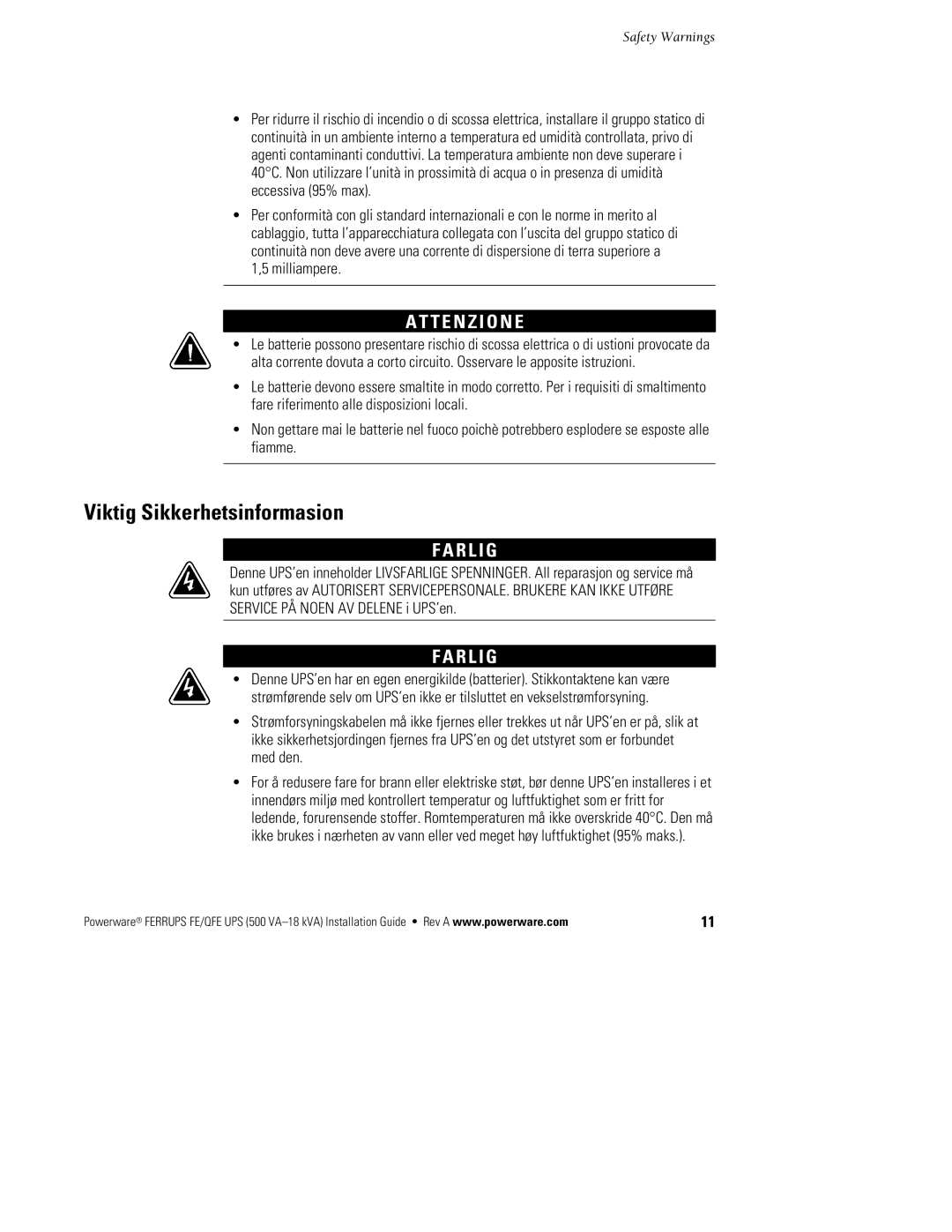 Powerware FE/QFE 500VA manual Viktig Sikkerhetsinformasion, T E N Z I O N E, R L I G 