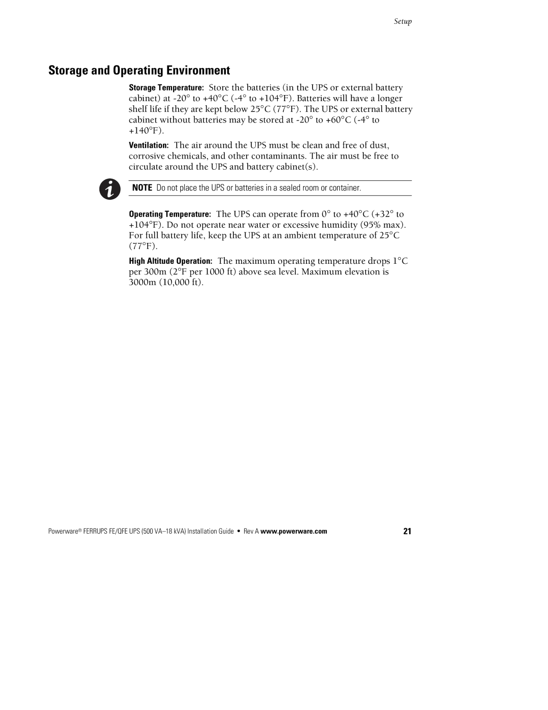 Powerware FE/QFE 500VA manual Storage and Operating Environment 