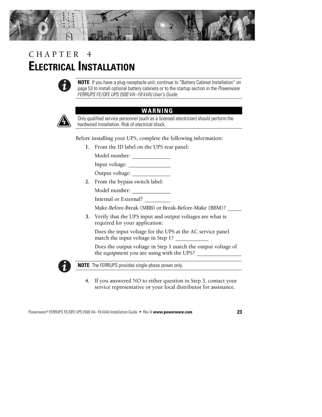 Powerware FE/QFE 500VA manual Electrical Installation, R N I N G 