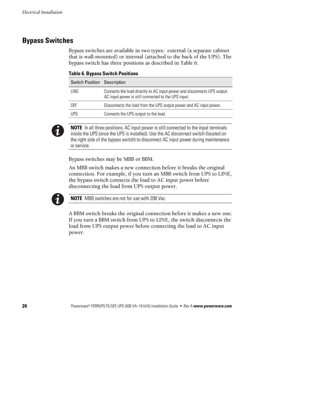 Powerware FE/QFE 500VA manual Bypass Switches, Bypass Switch Positions 