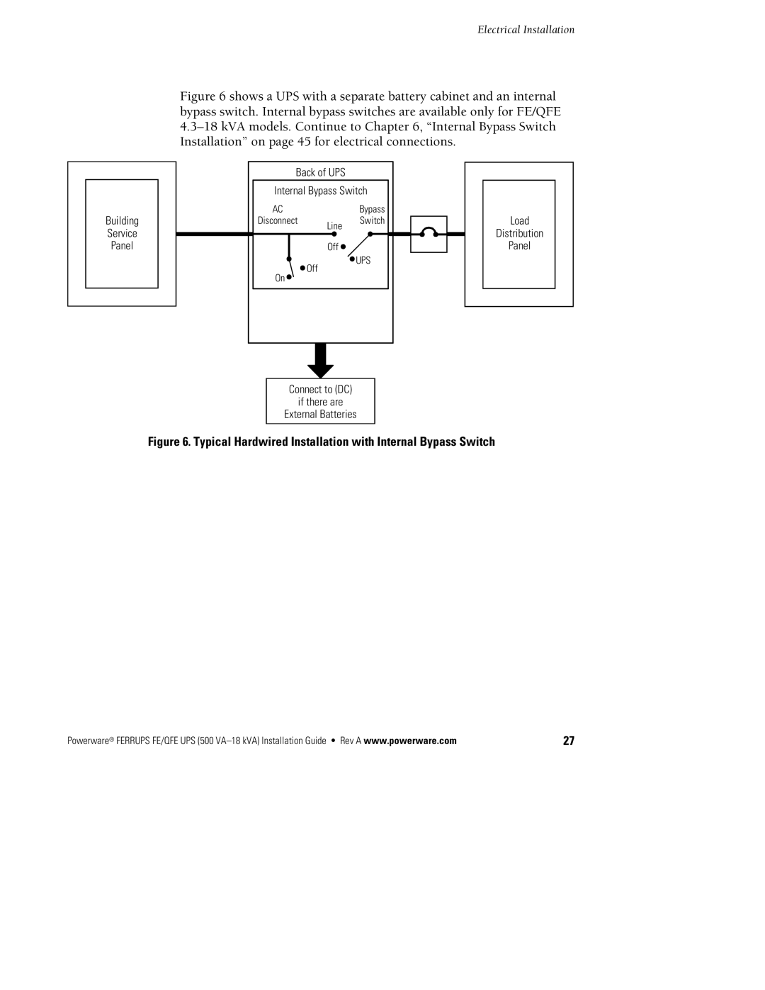 Powerware FE/QFE 500VA manual Typical Hardwired Installation with Internal Bypass Switch 