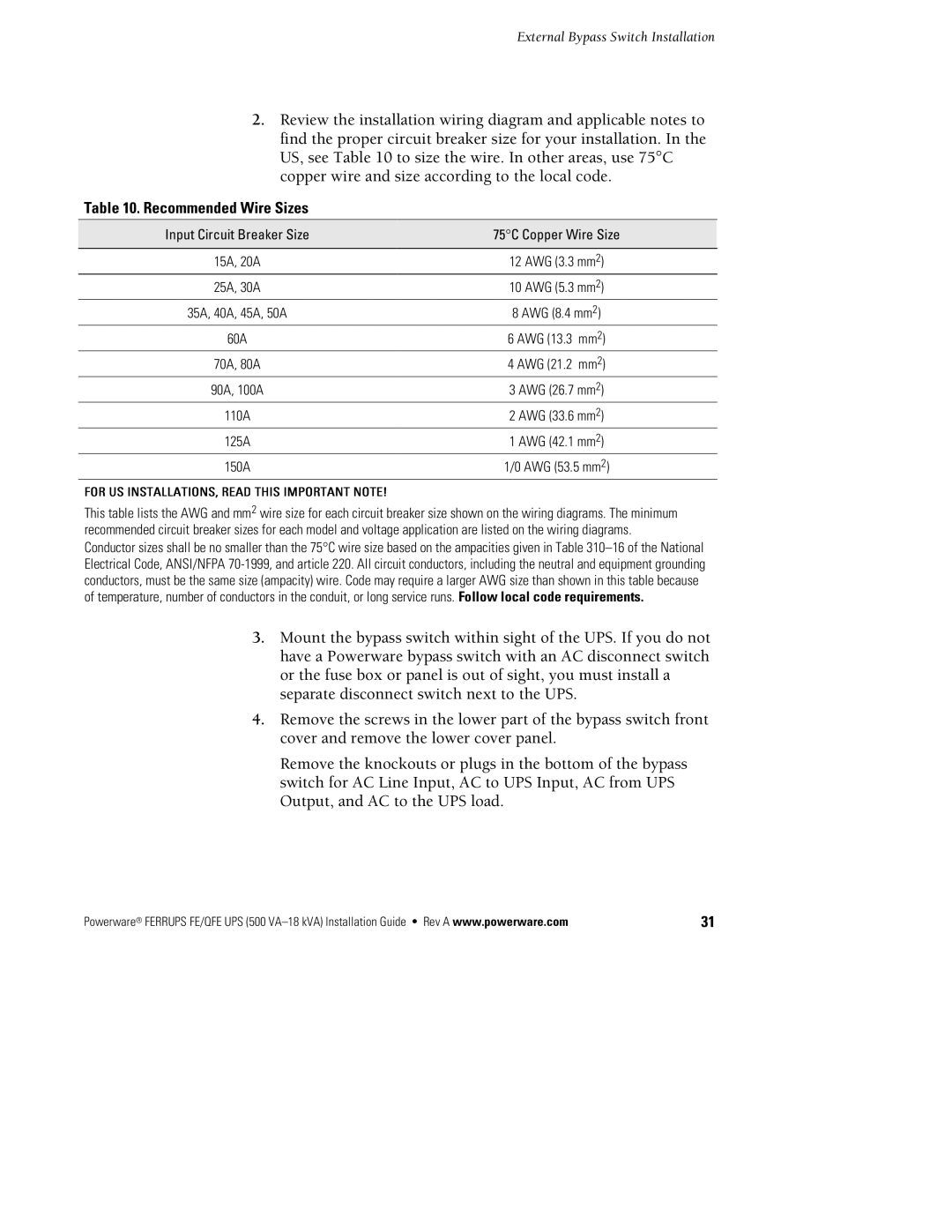 Powerware FE/QFE 500VA manual Recommended Wire Sizes, V q IGW W u q 