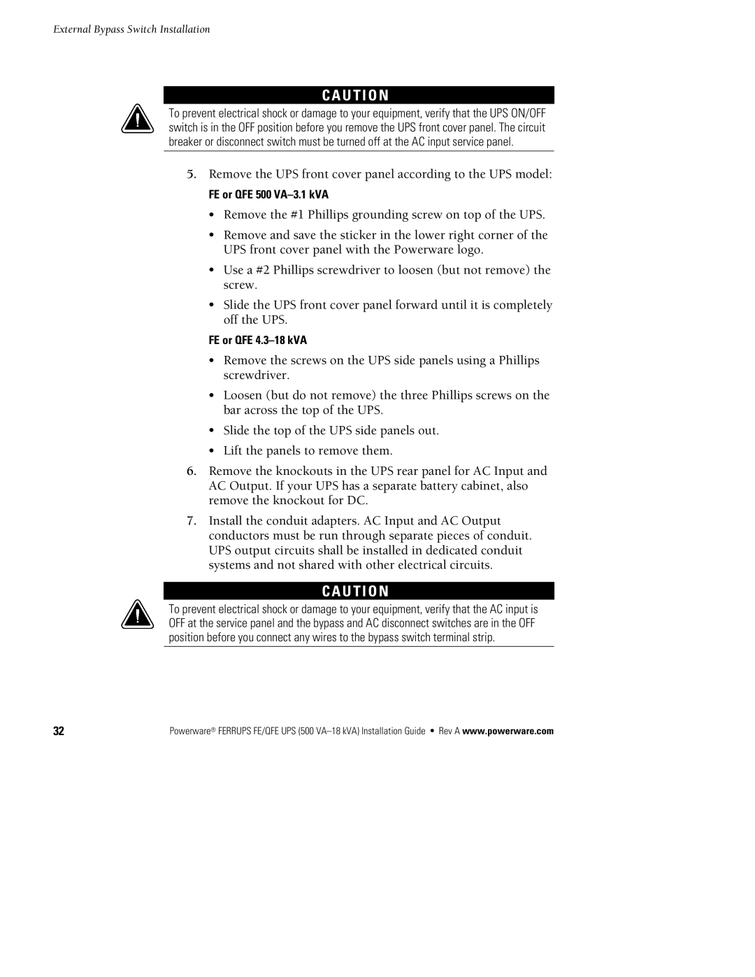 Powerware FE/QFE 500VA manual FE or QFE 500 VA-3.1 kVA, FE or QFE 4.3-18 kVA 