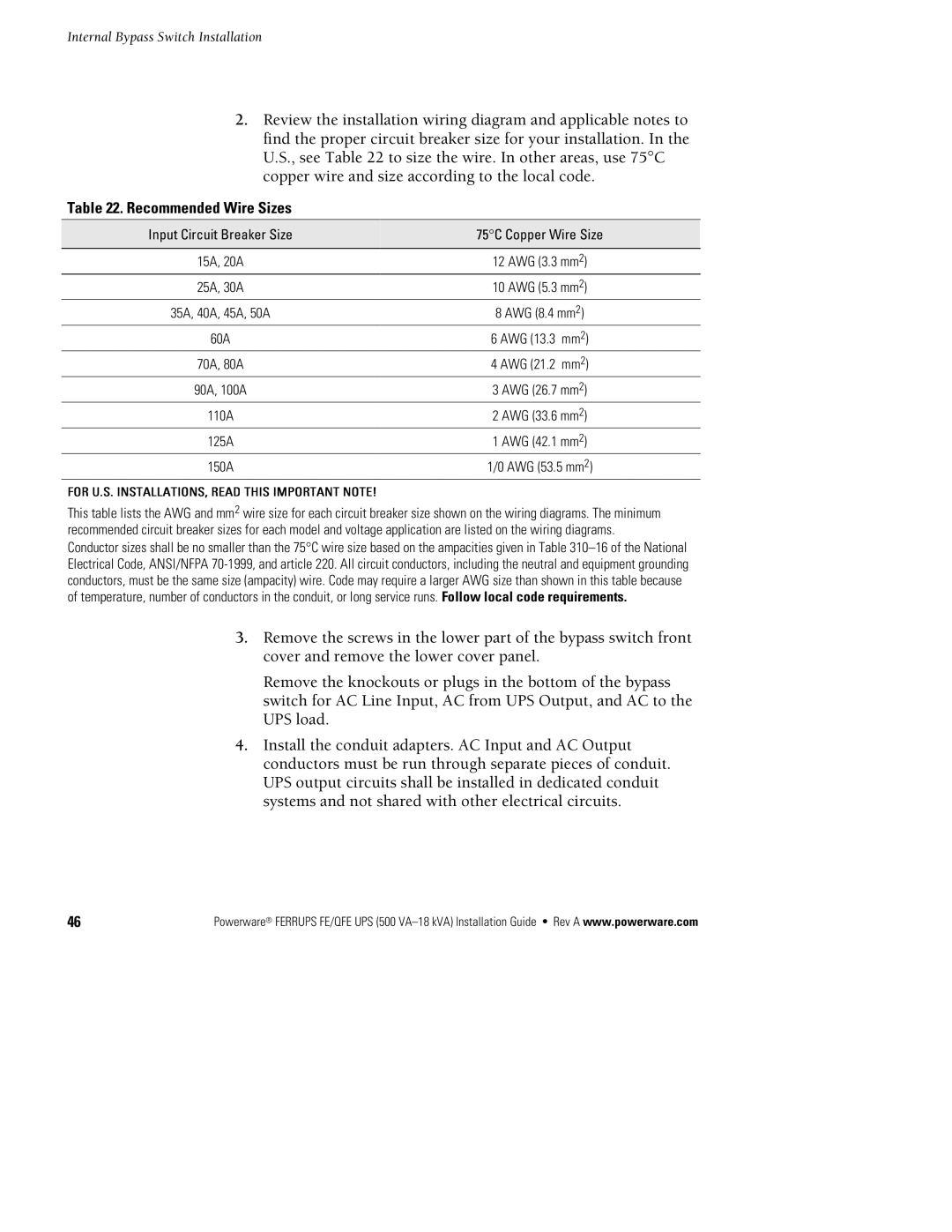 Powerware FE/QFE 500VA manual FORU.S.INSTALLATIONS,150AREADTHISIMPORTANTNOTE 