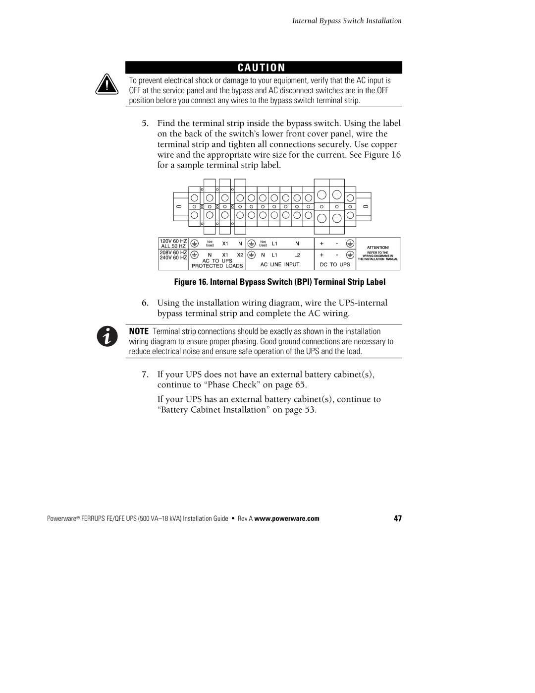Powerware FE/QFE 500VA manual Internal Bypass Switch BPI Terminal Strip Label 