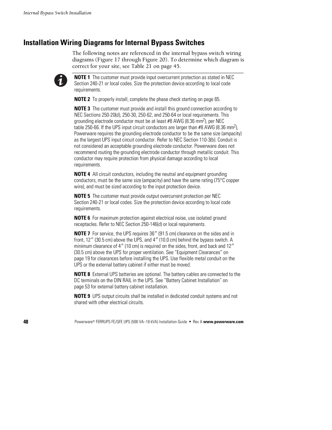 Powerware FE/QFE 500VA manual Installation Wiring Diagrams for Internal Bypass Switches 