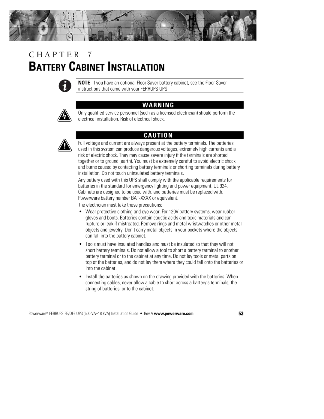 Powerware FE/QFE 500VA manual Battery Cabinet Installation, Electrician must take these precautions 