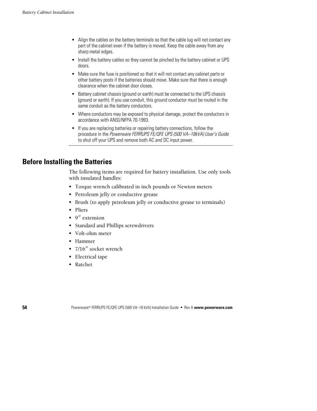 Powerware FE/QFE 500VA manual Before Installing the Batteries 