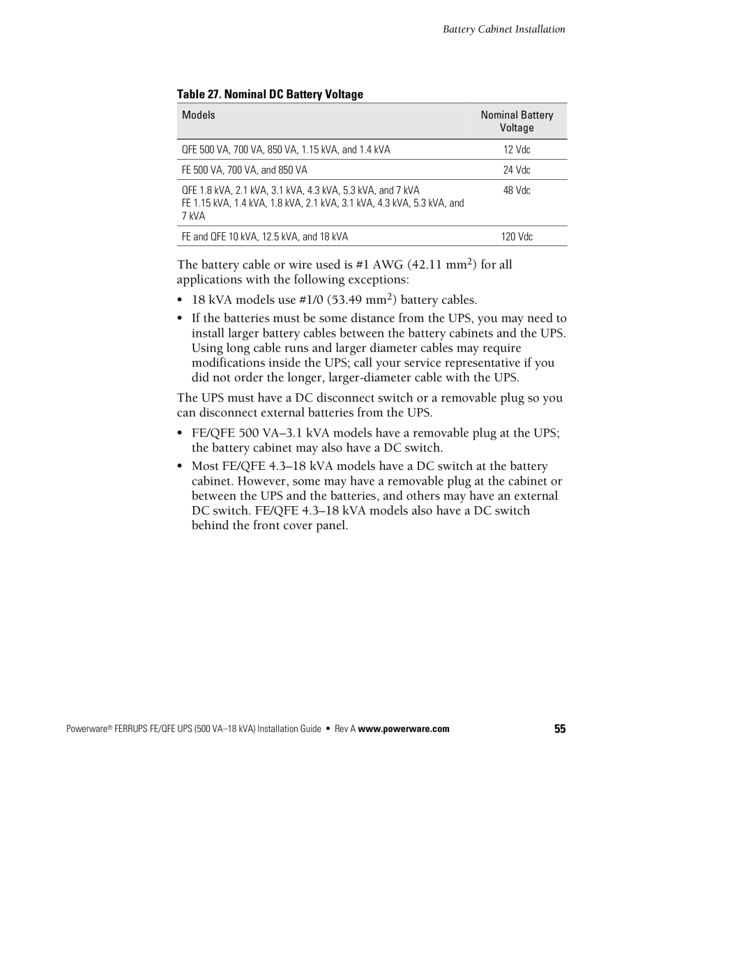Powerware FE/QFE 500VA manual Nominal DC Battery Voltage 
