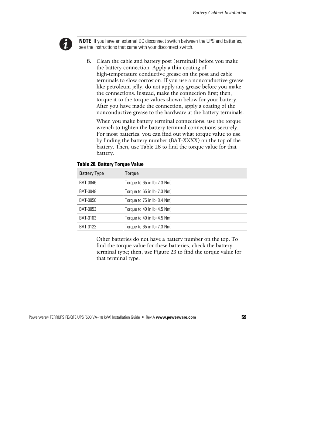 Powerware FE/QFE 500VA manual Battery Torque Value 