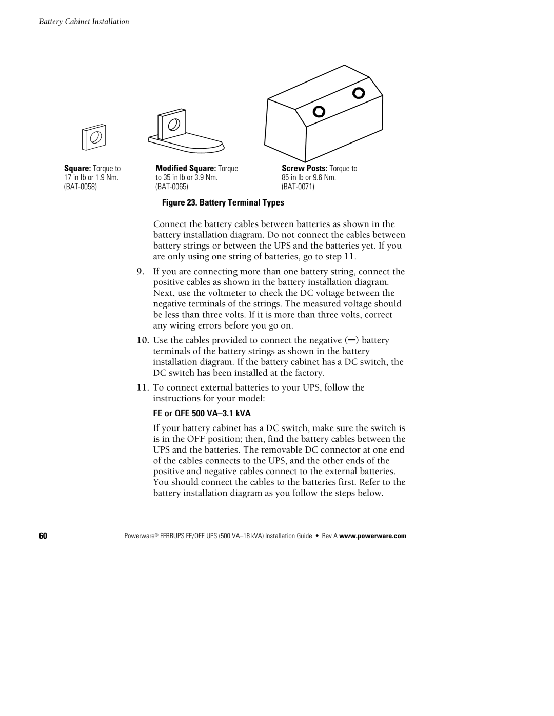 Powerware FE/QFE 500VA manual Modified Square Torque, Battery Terminal Types 