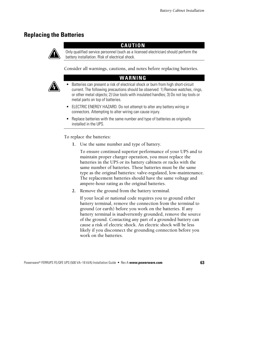 Powerware FE/QFE 500VA manual Replacing the Batteries, U T I O N 