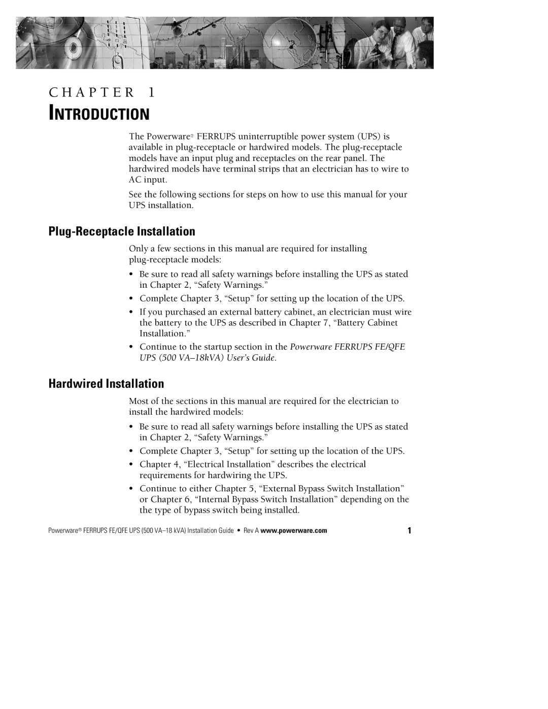 Powerware FE/QFE 500VA manual Introduction, Plug-Receptacle Installation, Hardwired Installation 