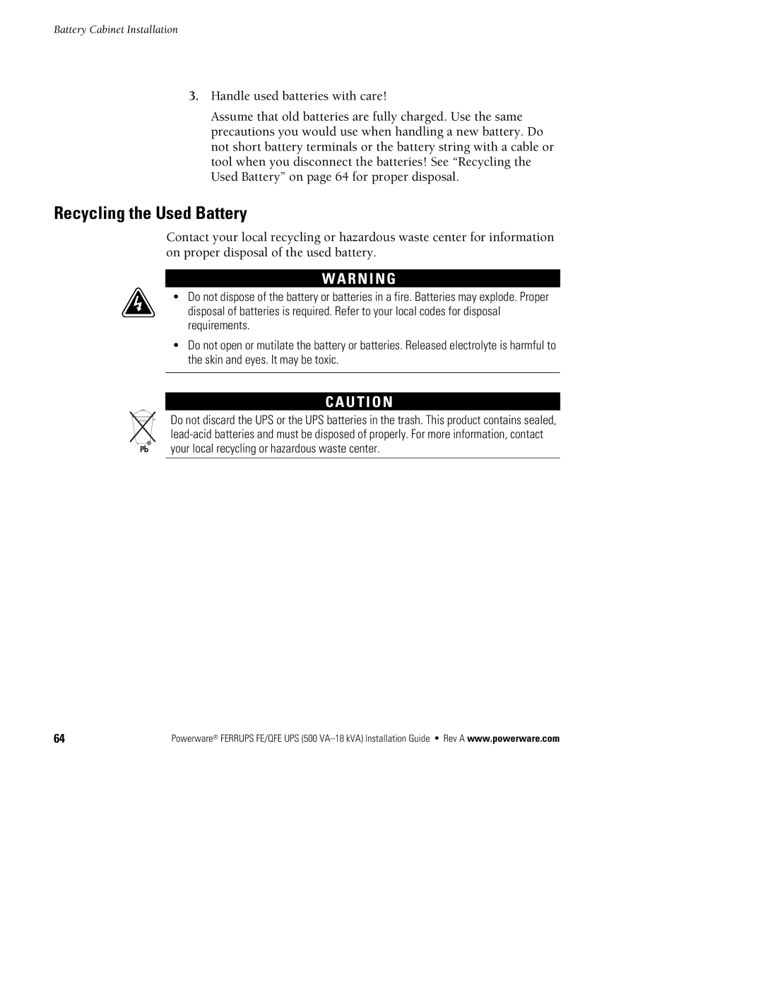 Powerware FE/QFE 500VA manual Recycling the Used Battery 