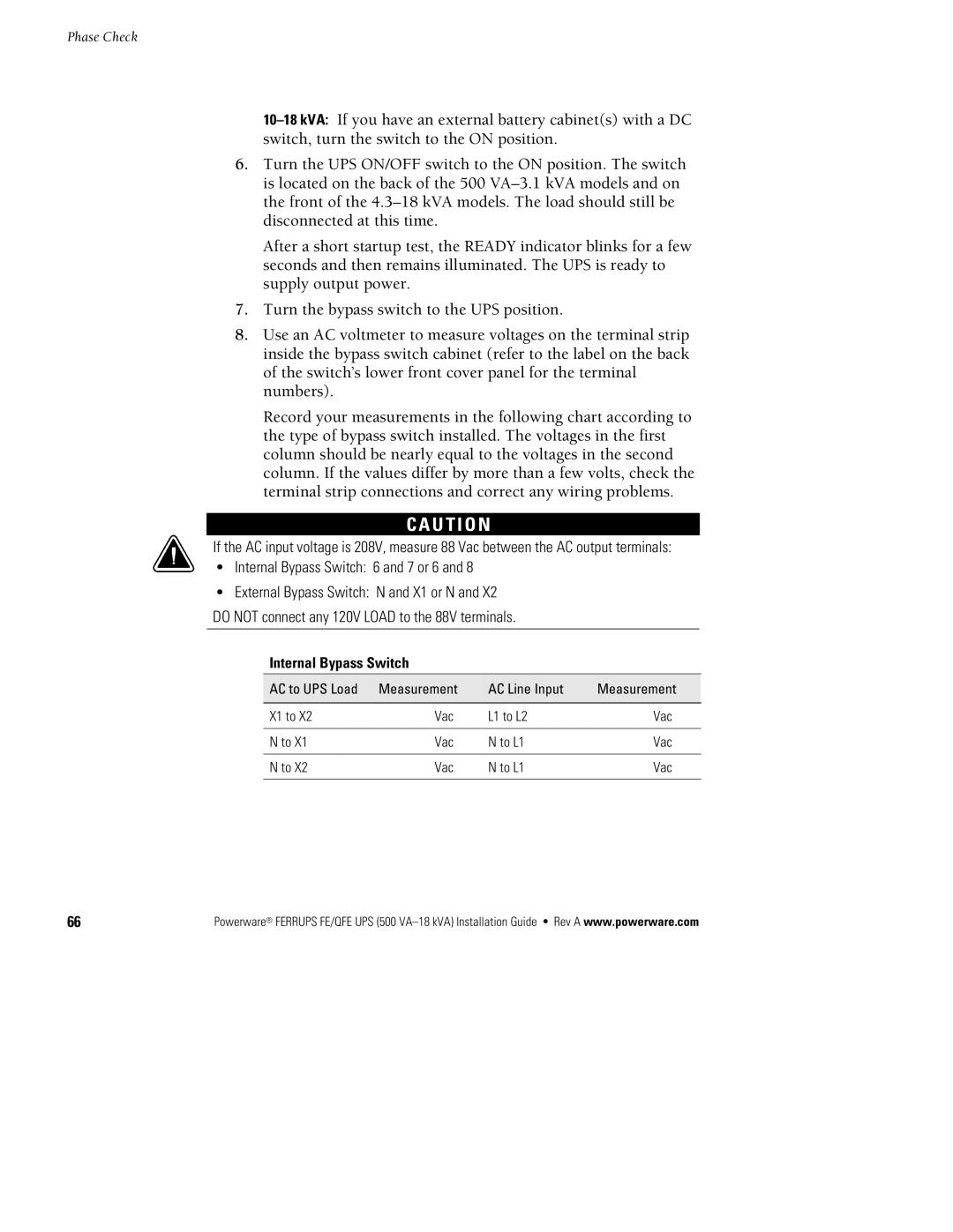 Powerware FE/QFE 500VA manual Internal Bypass Switch 