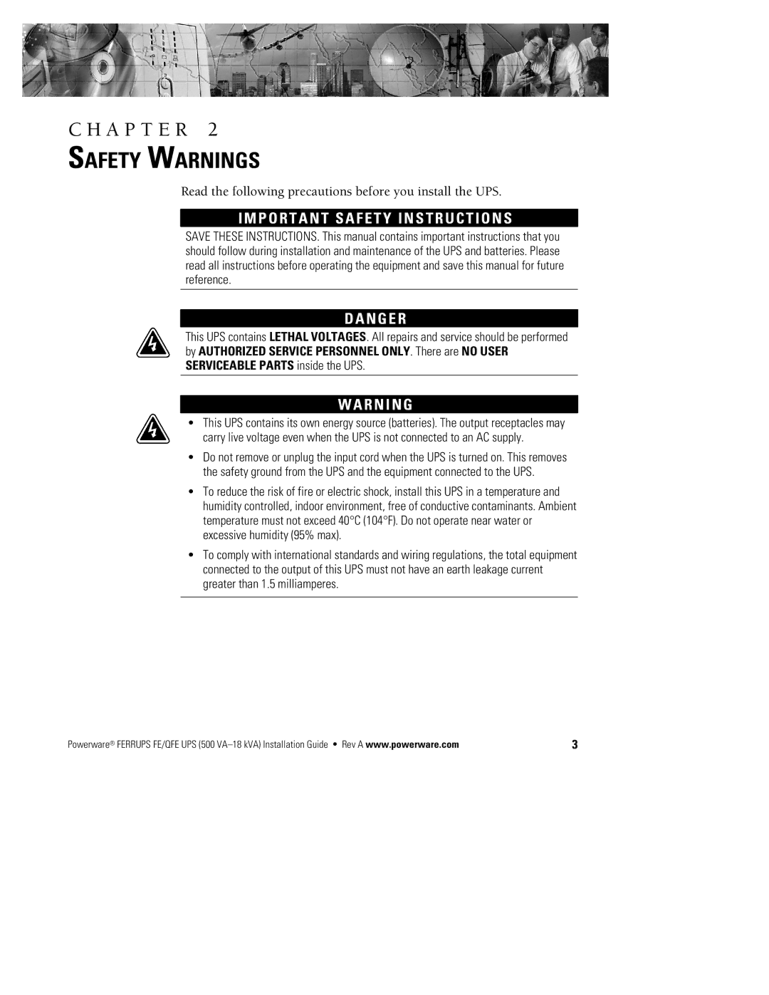 Powerware FE/QFE 500VA manual Safety Warnings, P O R T a N T S a F E T Y I N S T R U C T I O N S, N G E R, R N I N G 