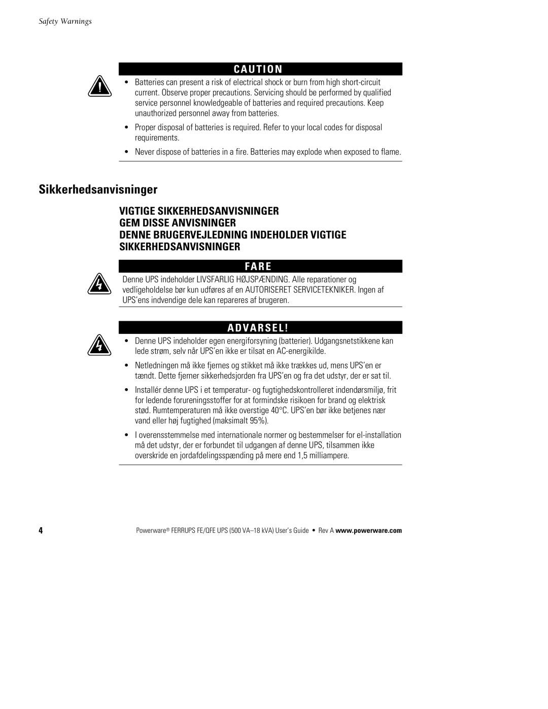 Powerware FE/QFE UPS manual Sikkerhedsanvisninger, U T I O N, R E 