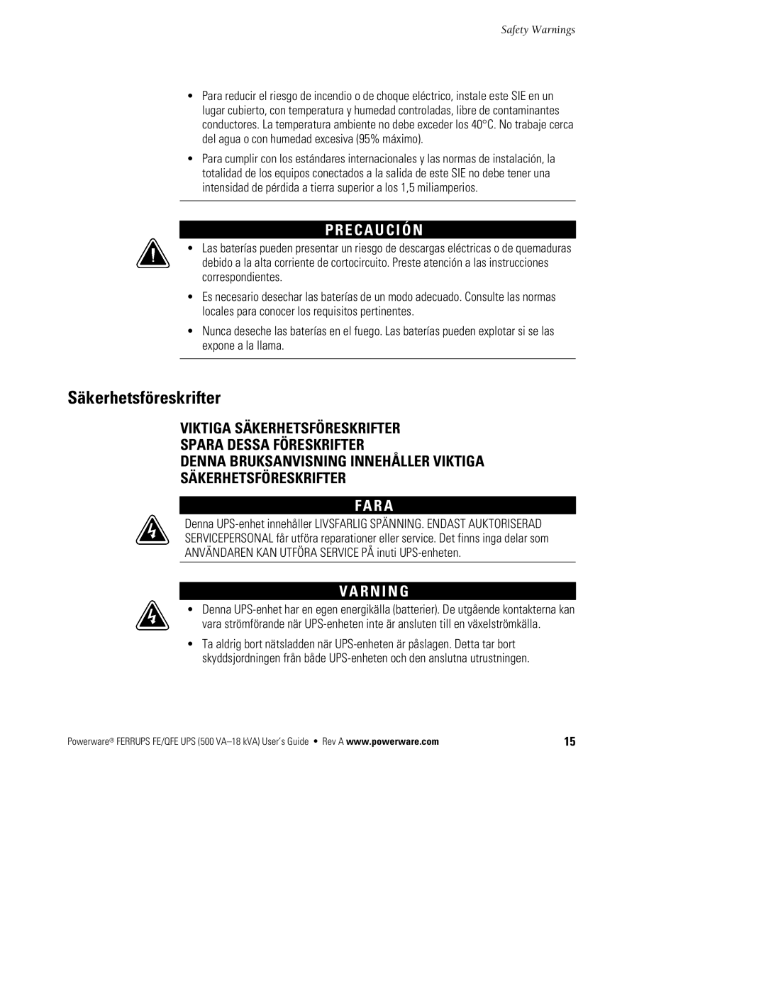 Powerware FE/QFE UPS manual Säkerhetsföreskrifter, E C a U C I Ó N, R a 